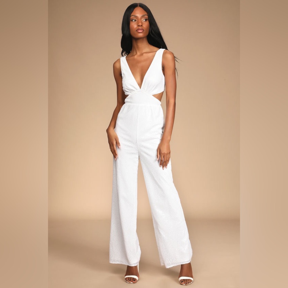 Lulu’s Effortless Love White Sequin Cutout Wide Leg Jumpsuit (White)